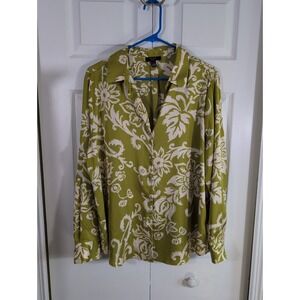 HAVER London women's blouse Large top green cream floral Boho relaxed fit
